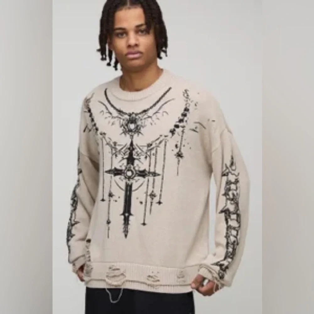 Boxy Gothic Distressed Knitted Jumper